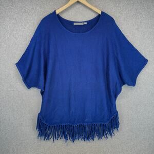 NY Collection Sweater Womens Size Large Navy Blue Dolman Sleeve Fringe‎ Hem Knit